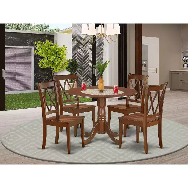 Mesa de comedor HomeStock de 5 piezas con tapa redonda de madera maciza con acabado de caoba y 4 sillas con respaldo cruzado con alas abatibles