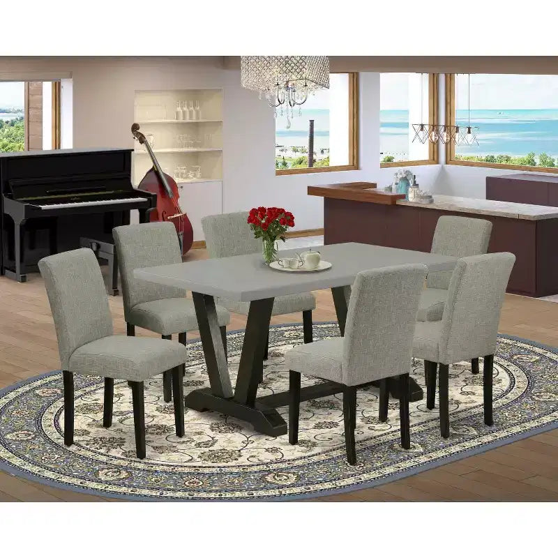 Mesa de comedor rectangular HomeStock de 7 piezas con tapa de madera maciza con acabado en roble natural y 6 sillas