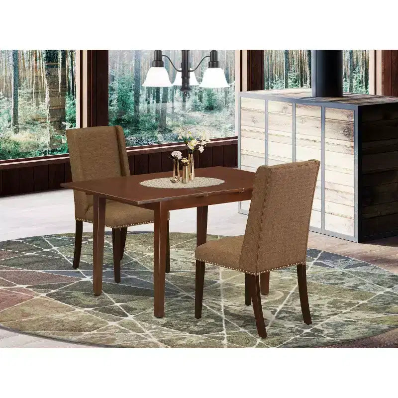 Juego de mesa de comedor HomeStock de 3 piezas con parte superior rectangular de madera maciza con acabado en caoba y extensión de mariposa