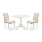 Round Dining Table Set 3pc 42 Table w/ Drop Leaves & 2 Parsons Chairs - Linen Beige Fabric