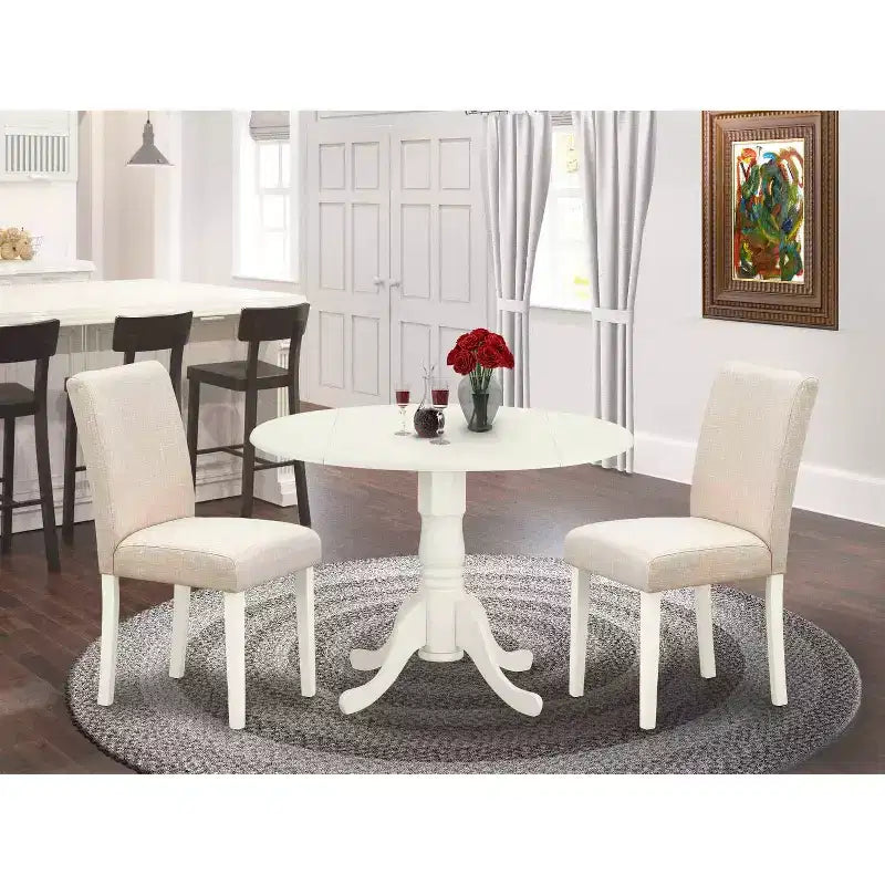 Juego de comedor redondo de 3 piezas: mesa de 42 pulgadas con alas abatibles y 2 sillas Parsons - Tela de lino beige