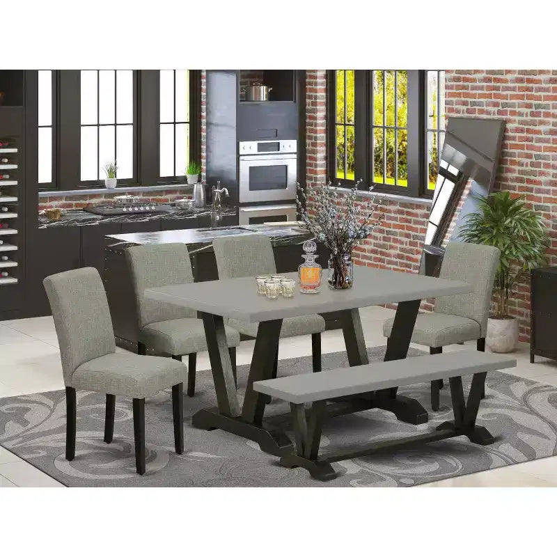 Mesa de comedor HomeStock de 6 piezas rectangular con acabado de roble natural y tapa de madera maciza con 1 banco y 4 sillas