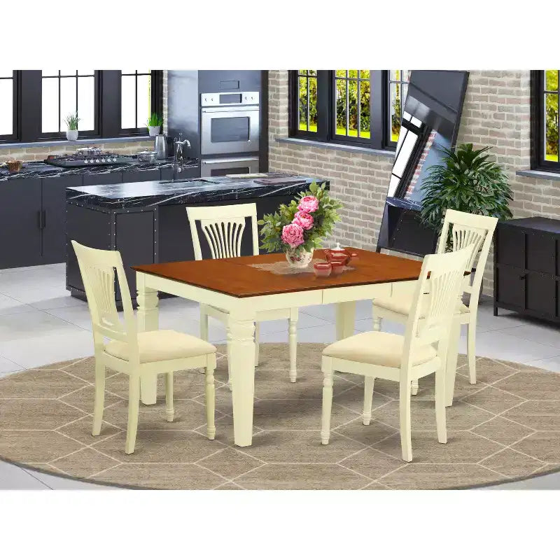 Mesa de comedor HomeStock de 5 piezas con superficie de madera maciza en acabado blanco y cerezo con 4 sillas