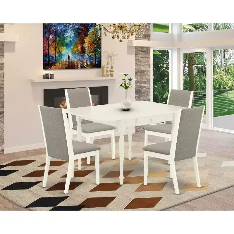 Juego de comedor de 5 piezas con tapa de madera maciza, acabado blanco lino, con extensión, para 4 personas