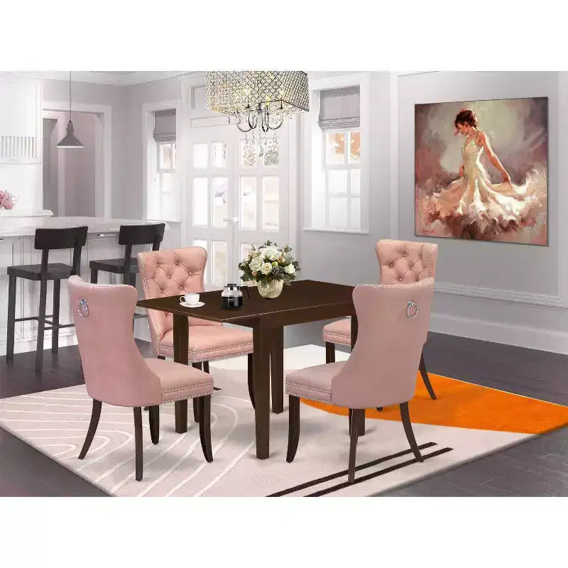 Juego de comedor rectangular tapizado de 5 piezas con tapa de madera maciza con acabado de caoba (capacidad para 4 personas)