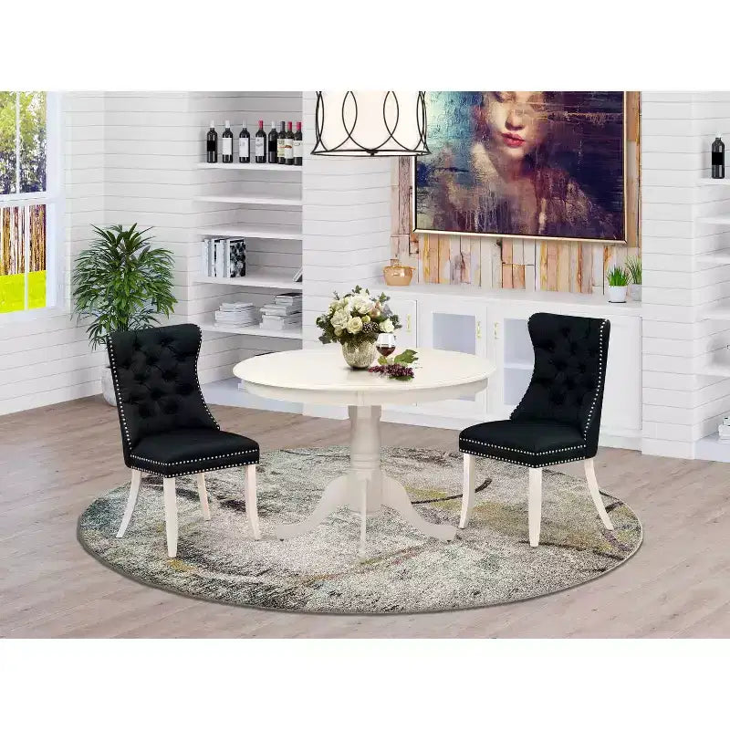 Juego de comedor tapizado redondo de madera maciza de 3 piezas con acabado blanco lino - Asientos para 4