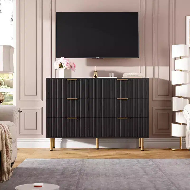 Cómoda acanalada moderna para dormitorio con 8 cajones, cajones profundos y superficie moderna amplia, cómoda larga y grande de doble tocador, mueble para TV y organizador de almacenamiento