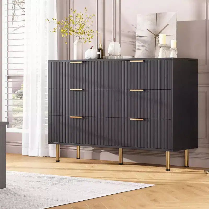 Cómoda acanalada moderna para dormitorio con 8 cajones, cajones profundos y superficie moderna amplia, cómoda larga y grande de doble tocador, mueble para TV y organizador de almacenamiento