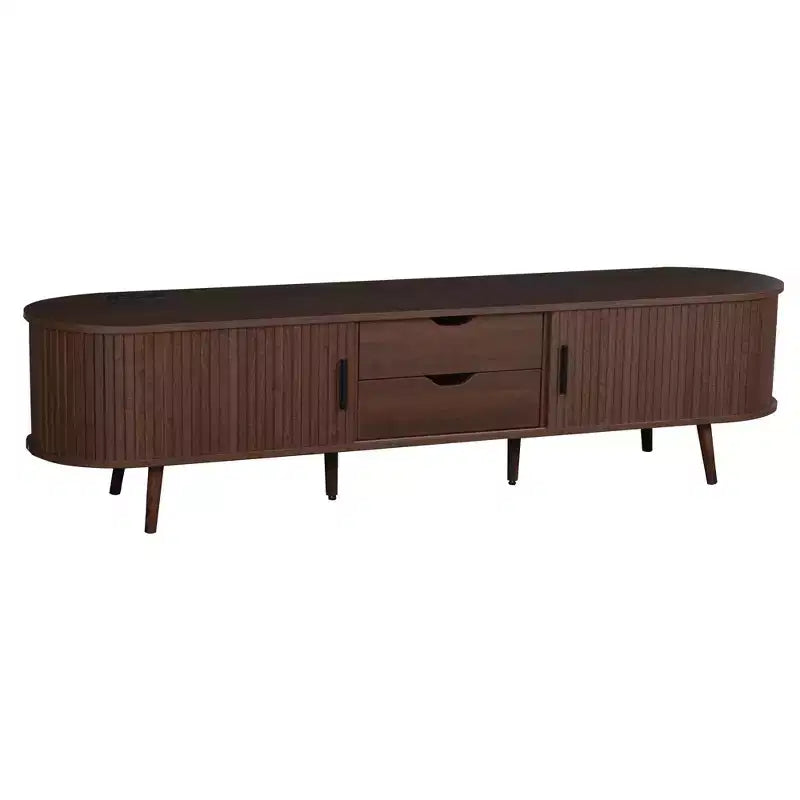 Mueble de TV moderno de mediados de siglo Homy Casa 70 con puertas de persiana, cajones y toma de corriente integrada para TV de 80, Nogal