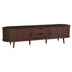 Mueble de TV moderno de mediados de siglo Homy Casa 70 con puertas de persiana, cajones y toma de corriente integrada para TV de 80, Nogal