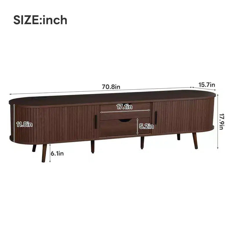 Mueble de TV moderno de mediados de siglo Homy Casa 70 con puertas de persiana, cajones y toma de corriente integrada para TV de 80, Nogal