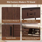 Mueble de TV moderno de mediados de siglo Homy Casa 70 con puertas de persiana, cajones y toma de corriente integrada para TV de 80, Nogal