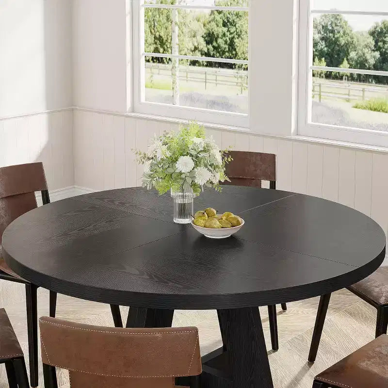Mesa de comedor redonda de 47", mesa de cocina estilo rústico con base en cruz para comedor, capacidad para 4-6 personas, tablero de madera