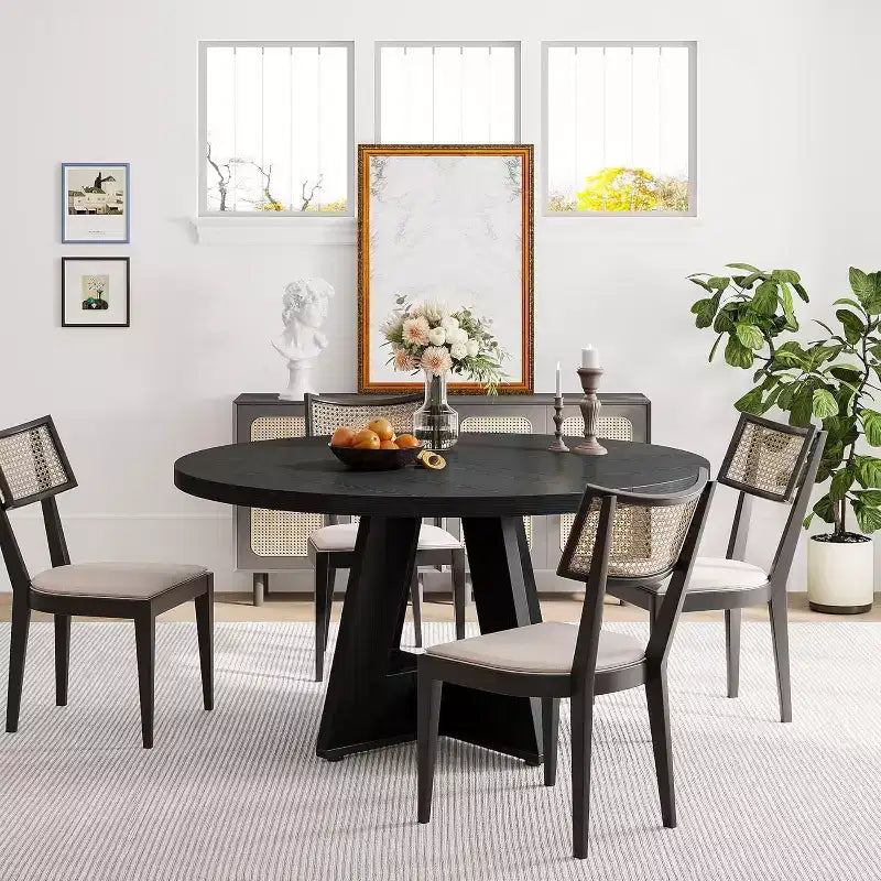 Mesa de comedor redonda de 47", mesa de cocina estilo rústico con base en cruz para comedor, capacidad para 4-6 personas, tablero de madera