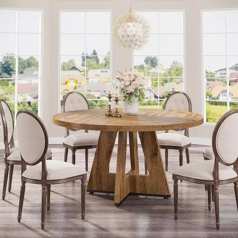 Mesa de comedor redonda de 47", mesa de cocina estilo rústico con base en cruz para comedor, capacidad para 4-6 personas, tablero de madera