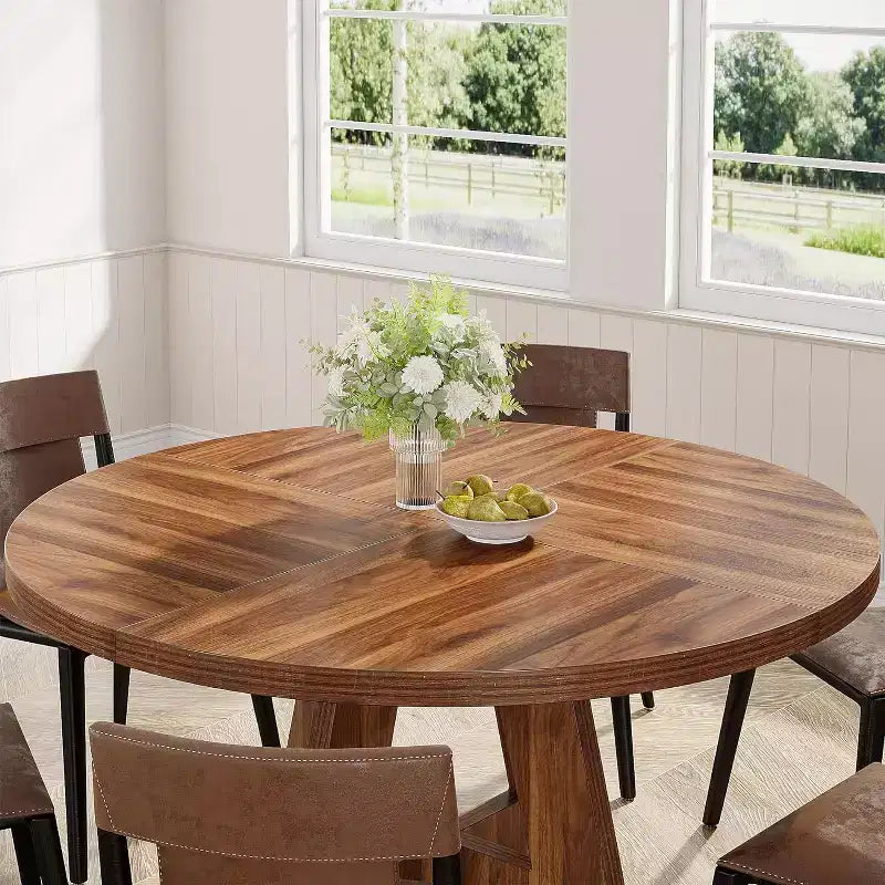 Mesa de comedor redonda de 47", mesa de cocina estilo rústico con base en cruz para comedor, capacidad para 4-6 personas, tablero de madera