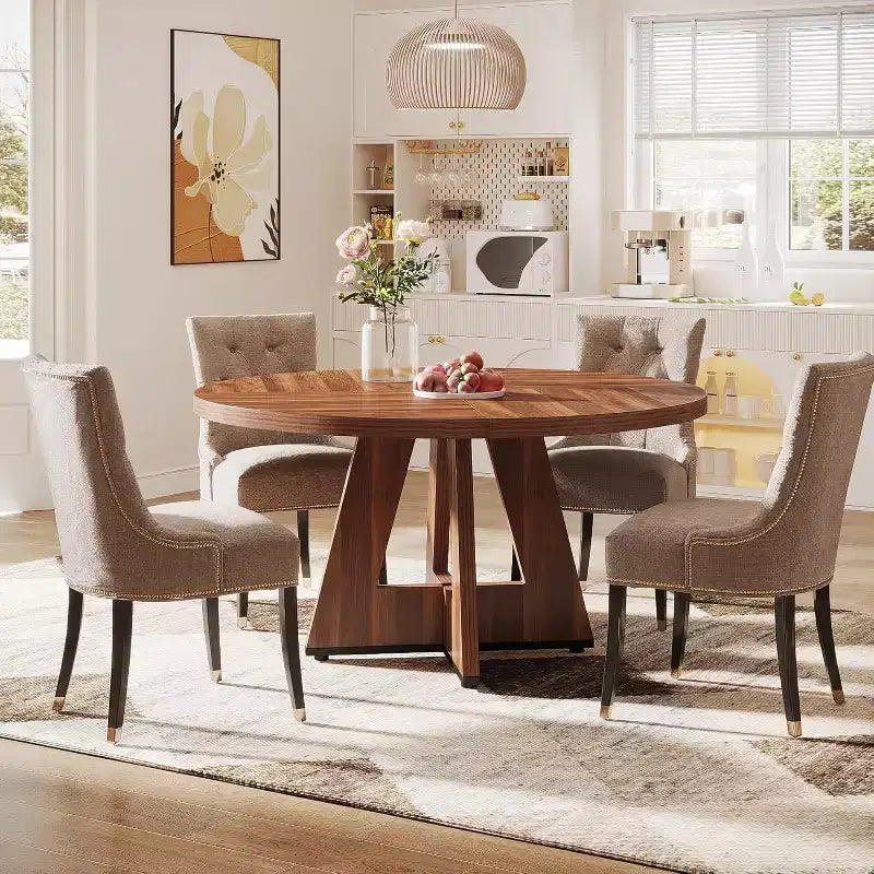 Mesa de comedor redonda de 47", mesa de cocina estilo rústico con base en cruz para comedor, capacidad para 4-6 personas, tablero de madera