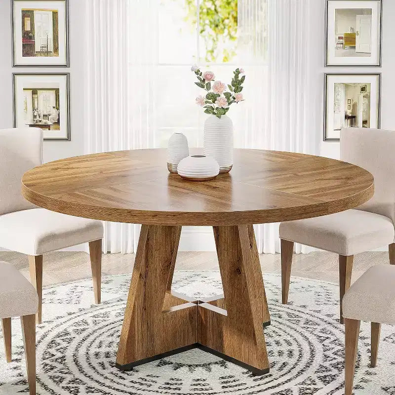 Mesa de comedor redonda de 47", mesa de cocina estilo rústico con base en cruz para comedor, capacidad para 4-6 personas, tablero de madera