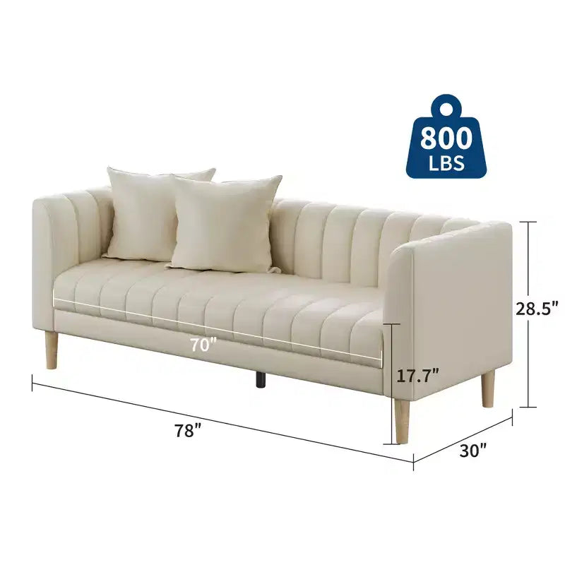Sofás de piel sintética de 78 pulgadas de ancho con 2 cojines decorativos, estilo moderno de mediados de siglo, sofá de 3 plazas y patas de madera maciza, fácil montaje, para sala de estar y dormitorio