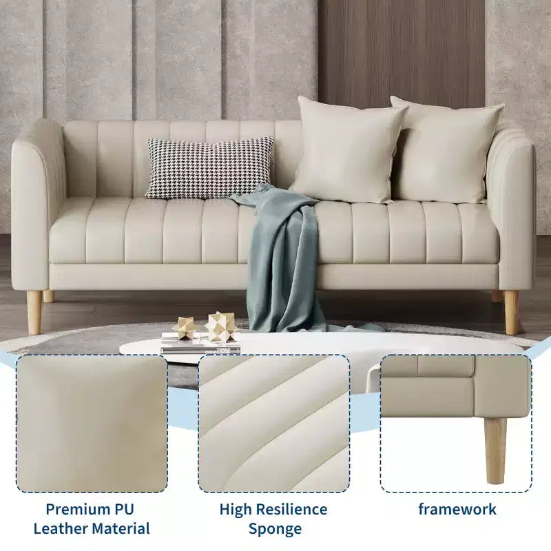 Sofás de piel sintética de 78 pulgadas de ancho con 2 cojines decorativos, estilo moderno de mediados de siglo, sofá de 3 plazas y patas de madera maciza, fácil montaje, para sala de estar y dormitorio