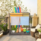 Toallero de piscina para exteriores, toallero de pie de mimbre, organizador de almacenamiento con compartimento para flotadores, churros de piscina, aros de natación