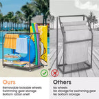 Toallero de piscina para exteriores, toallero de pie de mimbre, organizador de almacenamiento con compartimento para flotadores, churros de piscina, aros de natación