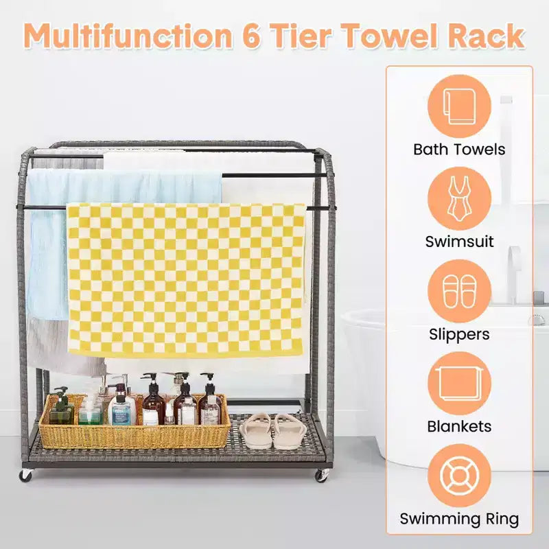 Toallero de piscina para exteriores, toallero de pie de mimbre, organizador de almacenamiento con compartimento para flotadores, churros de piscina, aros de natación