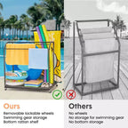 Toallero de piscina para exteriores, toallero de pie de mimbre, organizador de almacenamiento con compartimento para flotadores, churros de piscina, aros de natación