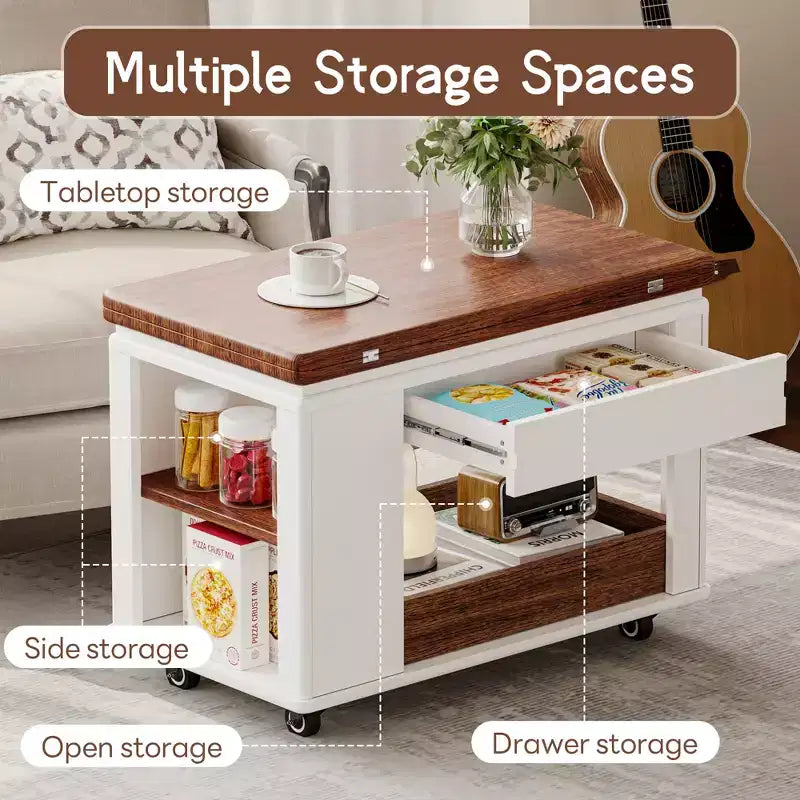 Mesa de centro moderna Bestier de 27.6'', mesa auxiliar multifuncional con parte superior plegable, ruedas, cajón, estante abierto, almacenamiento con compartimento oculto
