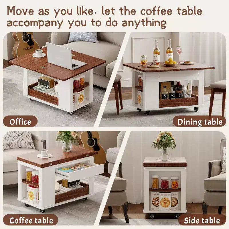 Mesa de centro moderna Bestier de 27.6'', mesa auxiliar multifuncional con parte superior plegable, ruedas, cajón, estante abierto, almacenamiento con compartimento oculto