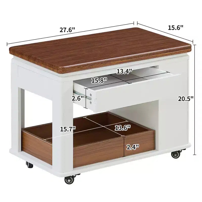 Mesa de centro moderna Bestier de 27.6'', mesa auxiliar multifuncional con parte superior plegable, ruedas, cajón, estante abierto, almacenamiento con compartimento oculto