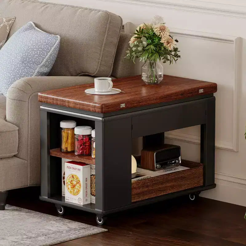 Mesa de centro moderna Bestier de 27.6'', mesa auxiliar multifuncional con parte superior plegable, ruedas, cajón, estante abierto, almacenamiento con compartimento oculto