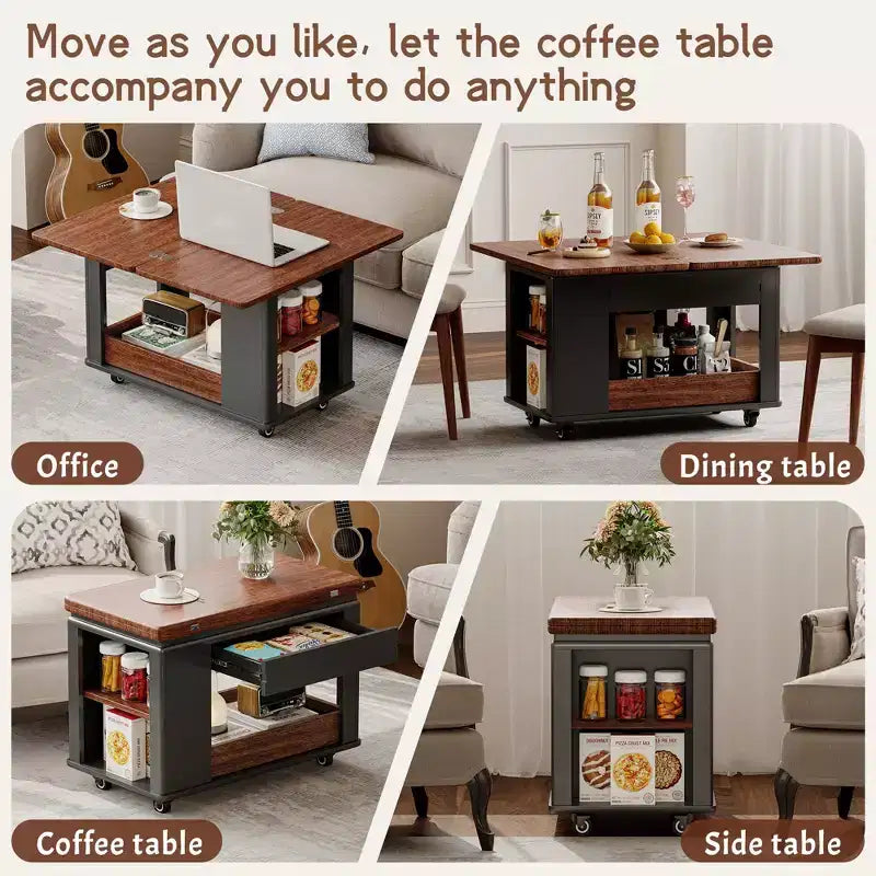 Mesa de centro moderna Bestier de 27.6'', mesa auxiliar multifuncional con parte superior plegable, ruedas, cajón, estante abierto, almacenamiento con compartimento oculto