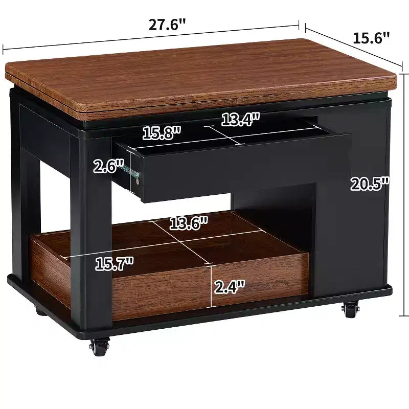Mesa de centro moderna Bestier de 27.6'', mesa auxiliar multifuncional con parte superior plegable, ruedas, cajón, estante abierto, almacenamiento con compartimento oculto