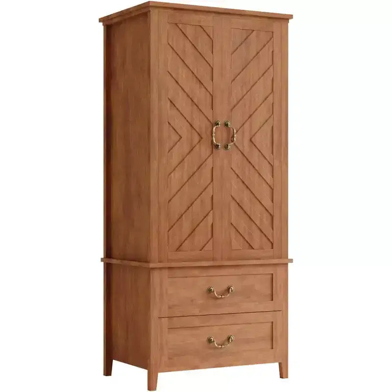Acekool V Shape Armoire Wardrobe Closet with 2 Doors and Drawers, 71.06 Farmhouse Storage Cabinet for Bedroom, Wood