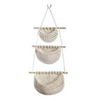 Alilang 3-Tier Woven Hanging Storage Baskets with Wooden Rods and Rope Hanger - Beige
