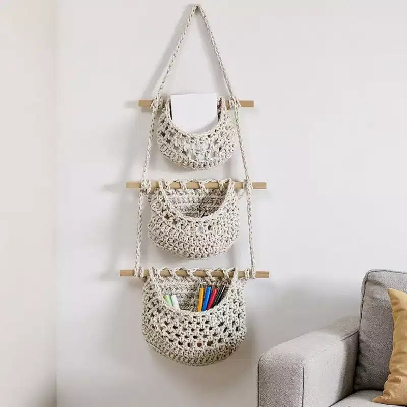 Cestas de Almacenamiento Colgantes Tejidas Alilang de 3 Niveles con Varillas de Madera y Cuerda para Colgar - Beige