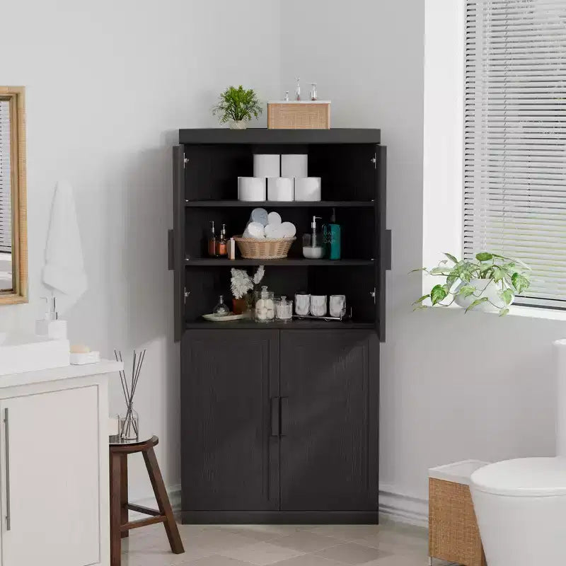Mueble esquinero de almacenamiento MAYEERTY moderno de madera maciza con 4 puertas, almacenamiento eficiente para la esquina del hogar en la sala de estar, negro, 2 piezas