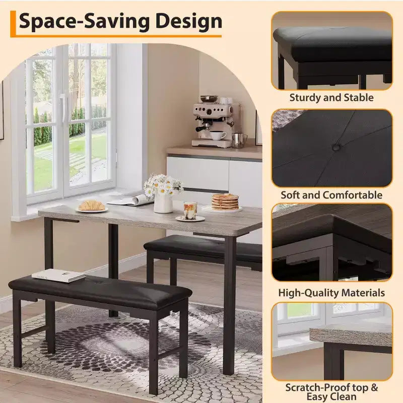 Juego de comedor para 4, mesa de cocina de 3 piezas con 2 bancos tapizados, juego de comedor que ahorra espacio para rincones de desayuno y espacios pequeños, para interiores y exteriores