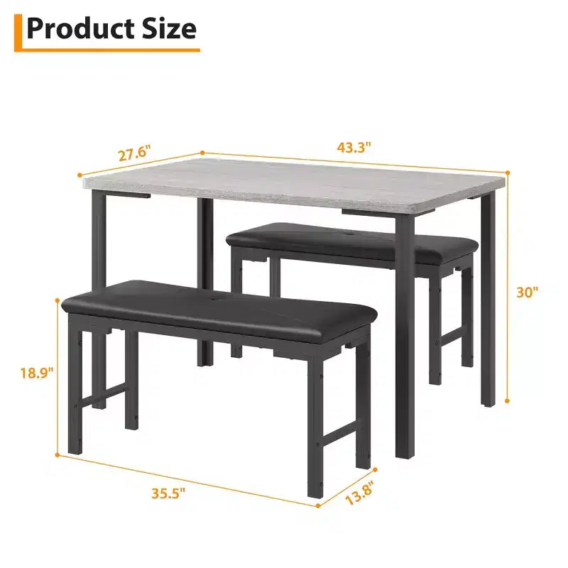 Juego de comedor para 4, mesa de cocina de 3 piezas con 2 bancos tapizados, juego de comedor que ahorra espacio para rincones de desayuno y espacios pequeños, para interiores y exteriores