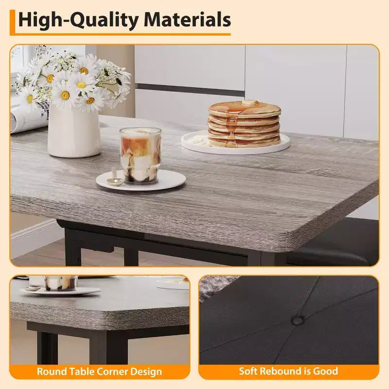 Juego de comedor para 4, mesa de cocina de 3 piezas con 2 bancos tapizados, juego de comedor que ahorra espacio para rincones de desayuno y espacios pequeños, para interiores y exteriores