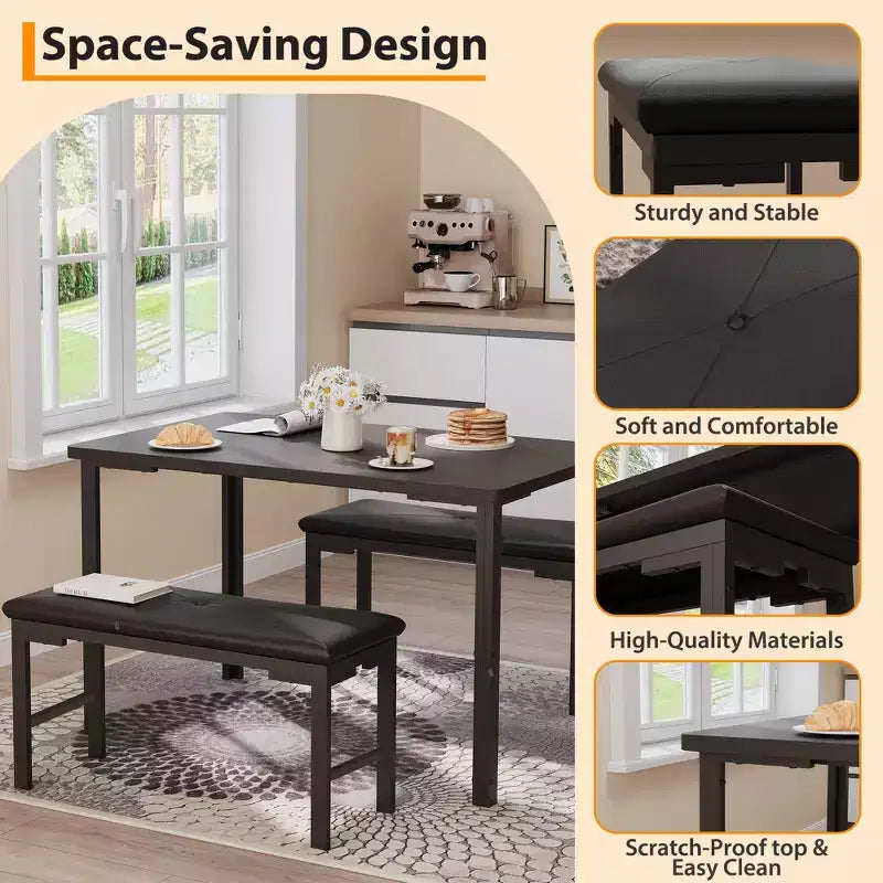Juego de comedor para 4, mesa de cocina de 3 piezas con 2 bancos tapizados, juego de comedor que ahorra espacio para rincones de desayuno y espacios pequeños, para interiores y exteriores