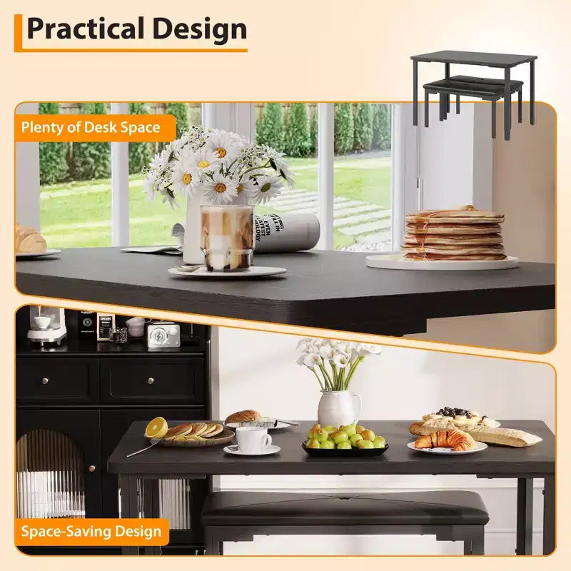 Juego de comedor para 4, mesa de cocina de 3 piezas con 2 bancos tapizados, juego de comedor que ahorra espacio para rincones de desayuno y espacios pequeños, para interiores y exteriores