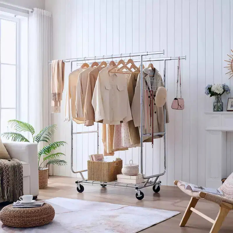 Okak Perchero de Doble Almacenamiento con Estantes, Perchero Independiente con Ruedas y Diseño Plegable, Recibidor para Salón, Dormitorio, Plateado