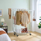 Okak Perchero de Doble Almacenamiento con Estantes, Perchero Independiente con Ruedas y Diseño Plegable, Recibidor para Salón, Dormitorio, Plateado