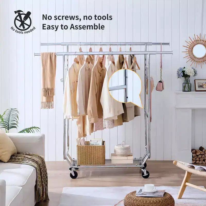 Okak Perchero de Doble Almacenamiento con Estantes, Perchero Independiente con Ruedas y Diseño Plegable, Recibidor para Salón, Dormitorio, Plateado