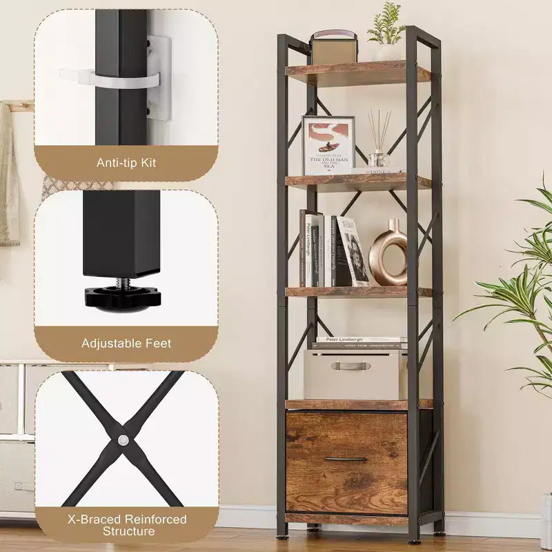 Estantería Celebalcony de 5 niveles con cajón, organizador de almacenamiento alto moderno, estanterías industriales para dormitorio, sala de estar, oficina, marrón rústico