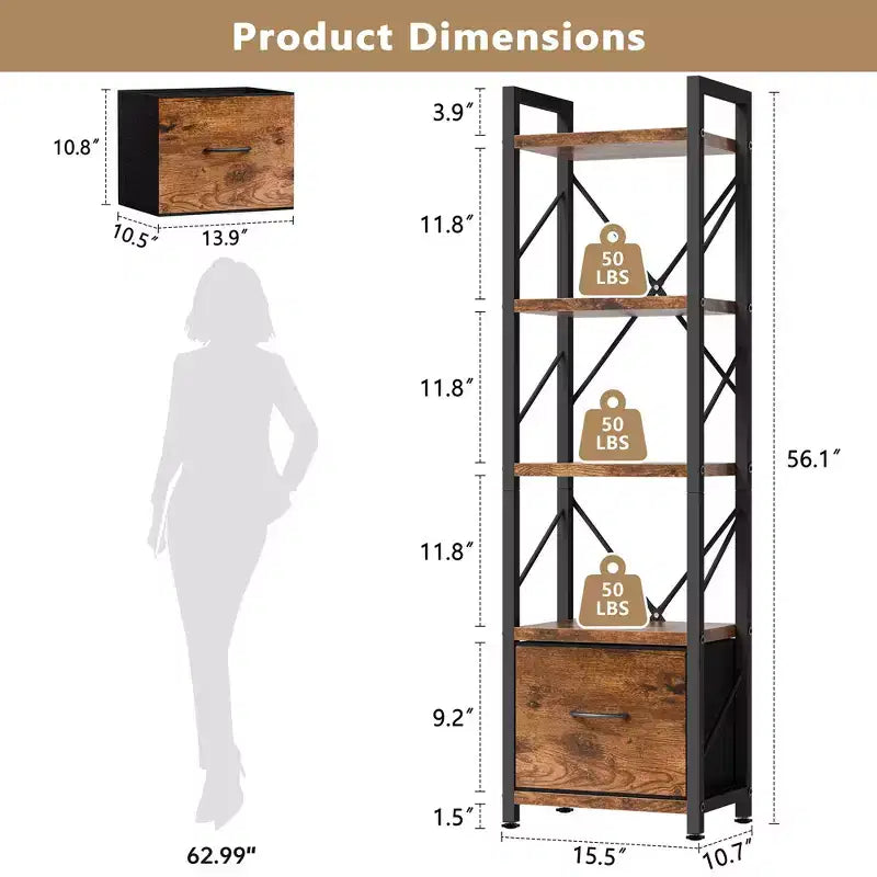 Estantería Celebalcony de 5 niveles con cajón, organizador de almacenamiento alto moderno, estanterías industriales para dormitorio, sala de estar, oficina, marrón rústico