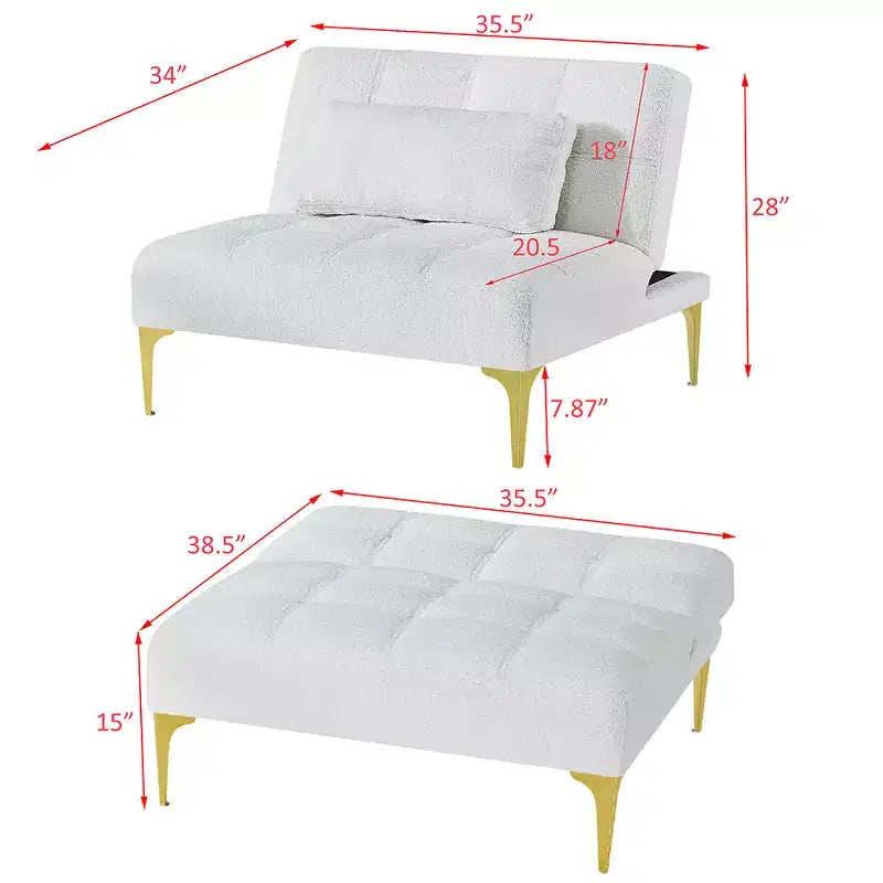 Sofá Cama Convertible, Futón Moderno de Tela de Peluche con Respaldo Ajustable y Almohada, Patas de Metal Dorado para Salas de Estar Pequeñas