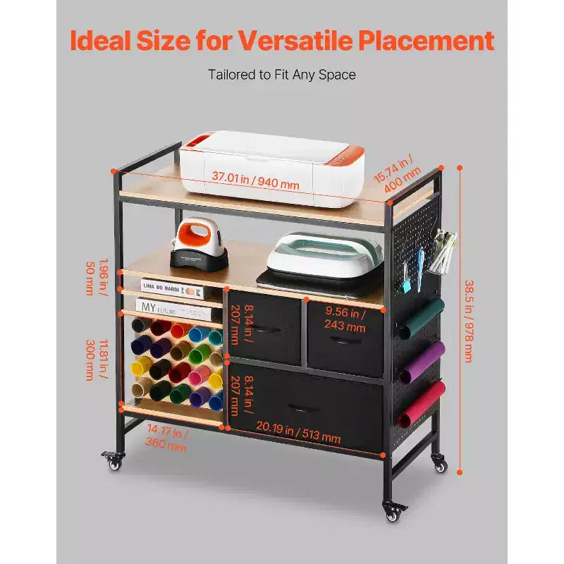 Carro y mesa de almacenamiento VEVOR Rolling Craft, compatible con máquinas Cricut, estación de trabajo organizadora de mesa de manualidades, negro